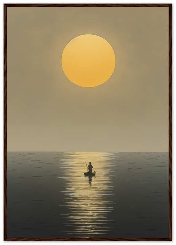 A framed picture of a lone fisherman on a calm sea at sunset.