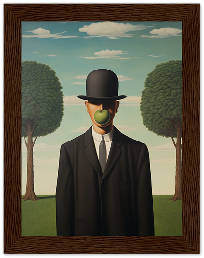 An illustration of a man in a suit with an apple obscuring his face and a bowler hat.