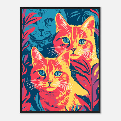 Colorful illustration of three cats with abstract tropical patterns in the background.
