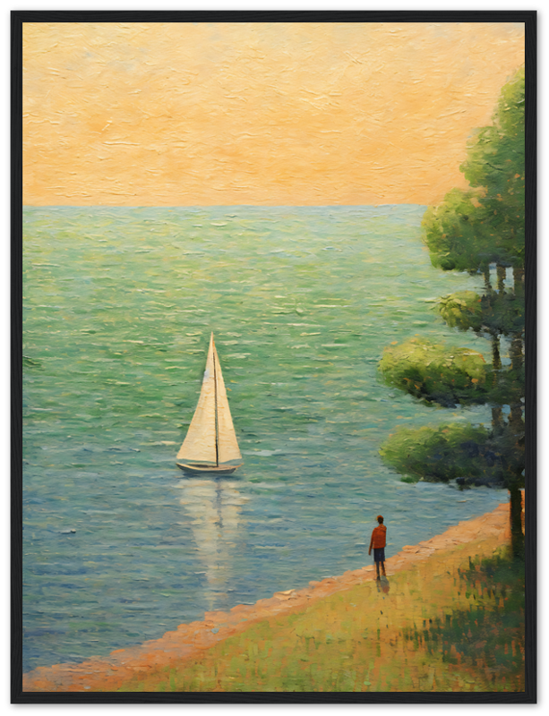 A framed painting of a person standing by the shore watching a sailboat at sunset.