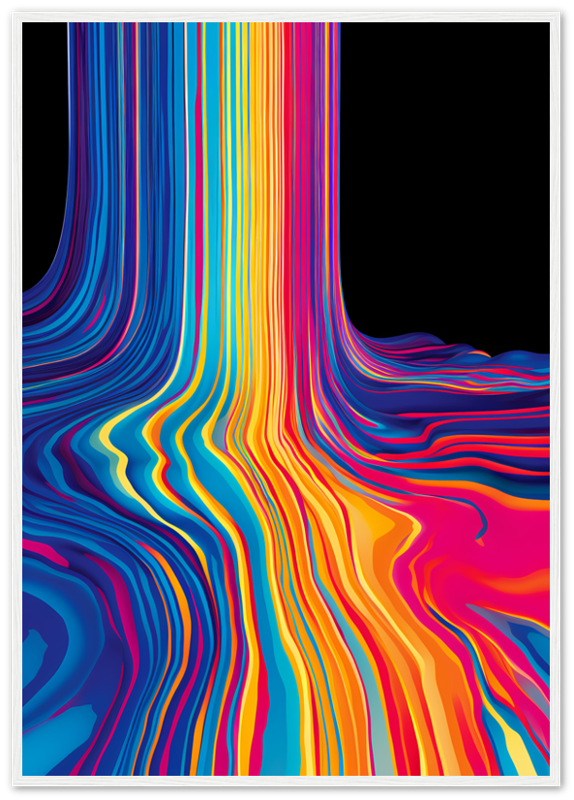 A framed abstract artwork with flowing multicolored lines on a black background.