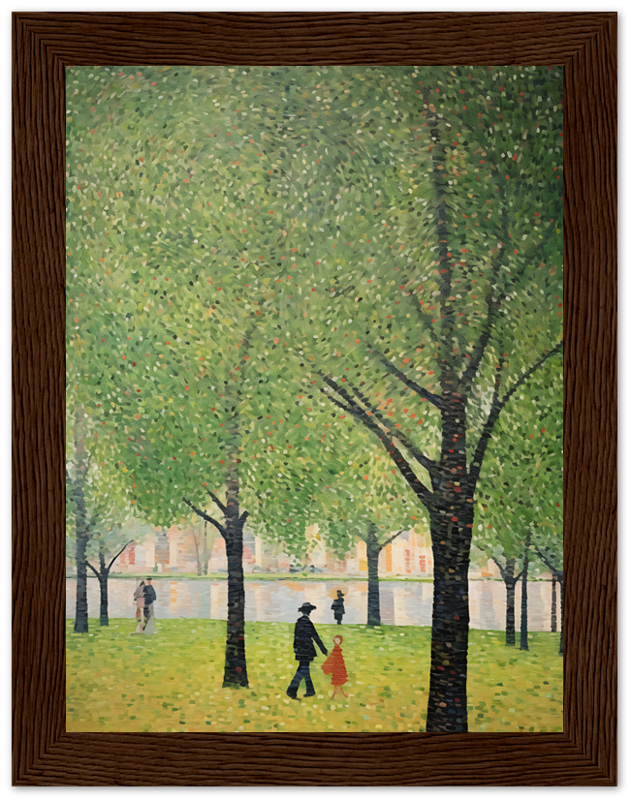 Painting of people walking beneath trees with fall foliage in a pointillist style.