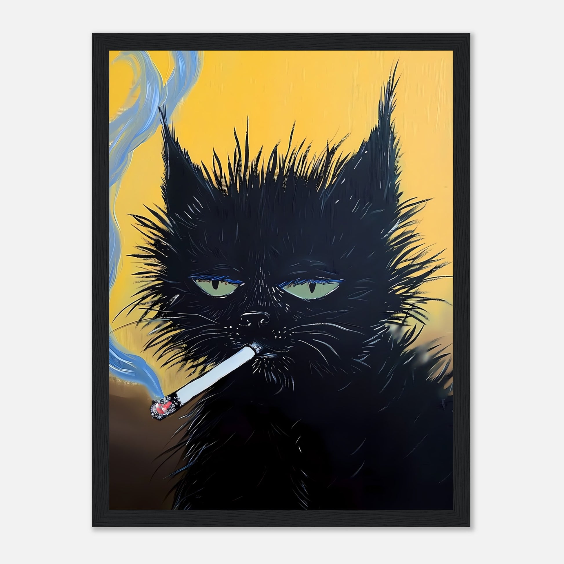 Artwork of a black cat with green eyes smoking a cigarette, against a yellow background.