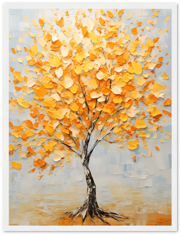 A framed painting of an abstract tree with golden and orange leaves.