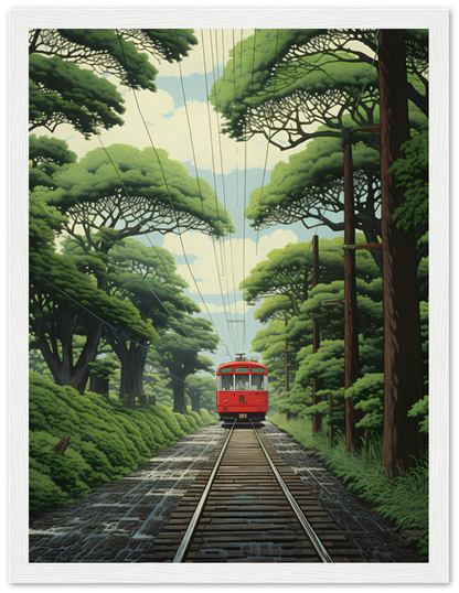 An illustrated red tram traveling down tracks through a lush green forest.