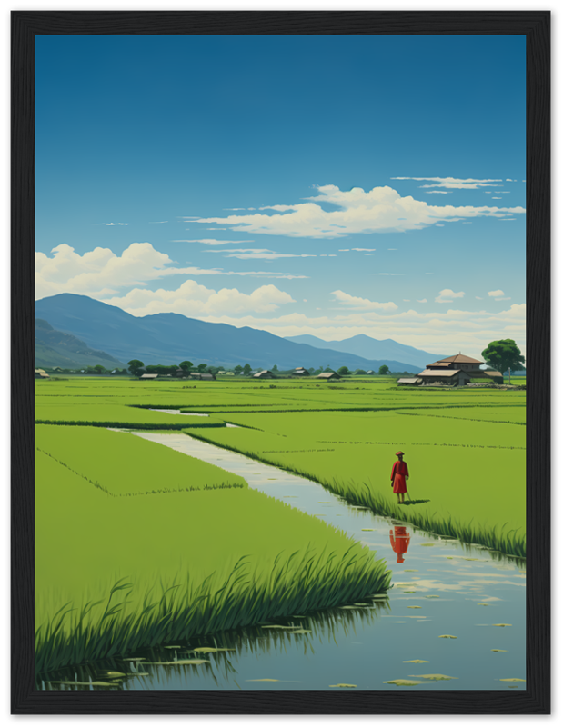 Illustration of a person walking by rice fields with mountains in the background, framed like a painting.
