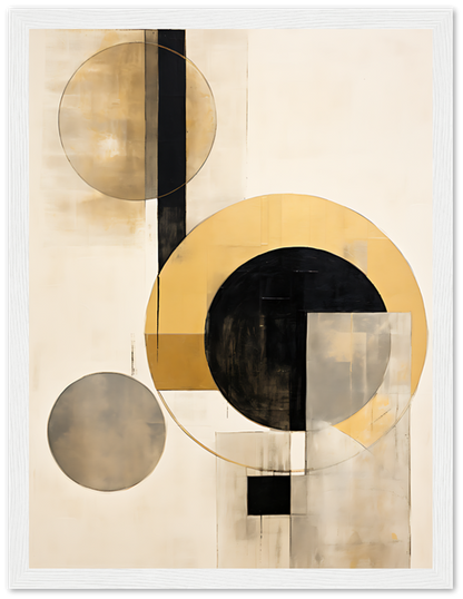 Abstract art with overlapping circles and squares in a monochrome and gold color scheme.