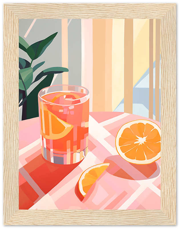 Illustration of a glass of orange juice and sliced oranges on a striped tablecloth.