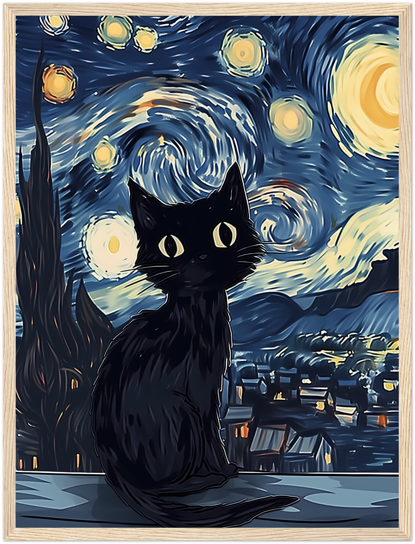 A stylized illustration of a black cat sitting in front of Van Gogh's Starry Night painting.