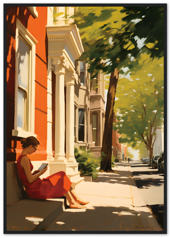 A painting of a person reading on a sunlit city sidewalk.