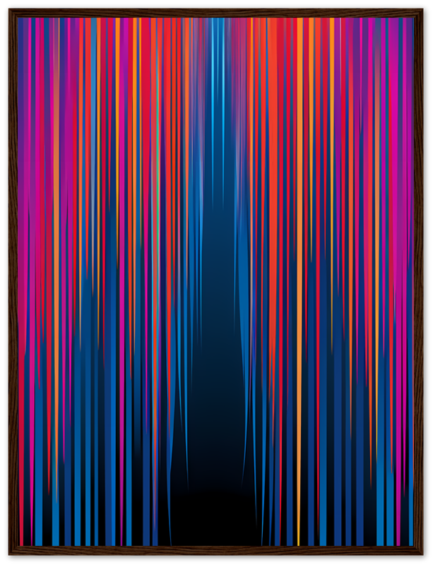 Abstract colorful streaks on a dark background framed with a wooden frame.