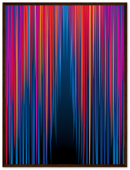 Abstract colorful streaks on a dark background framed with a wooden frame.