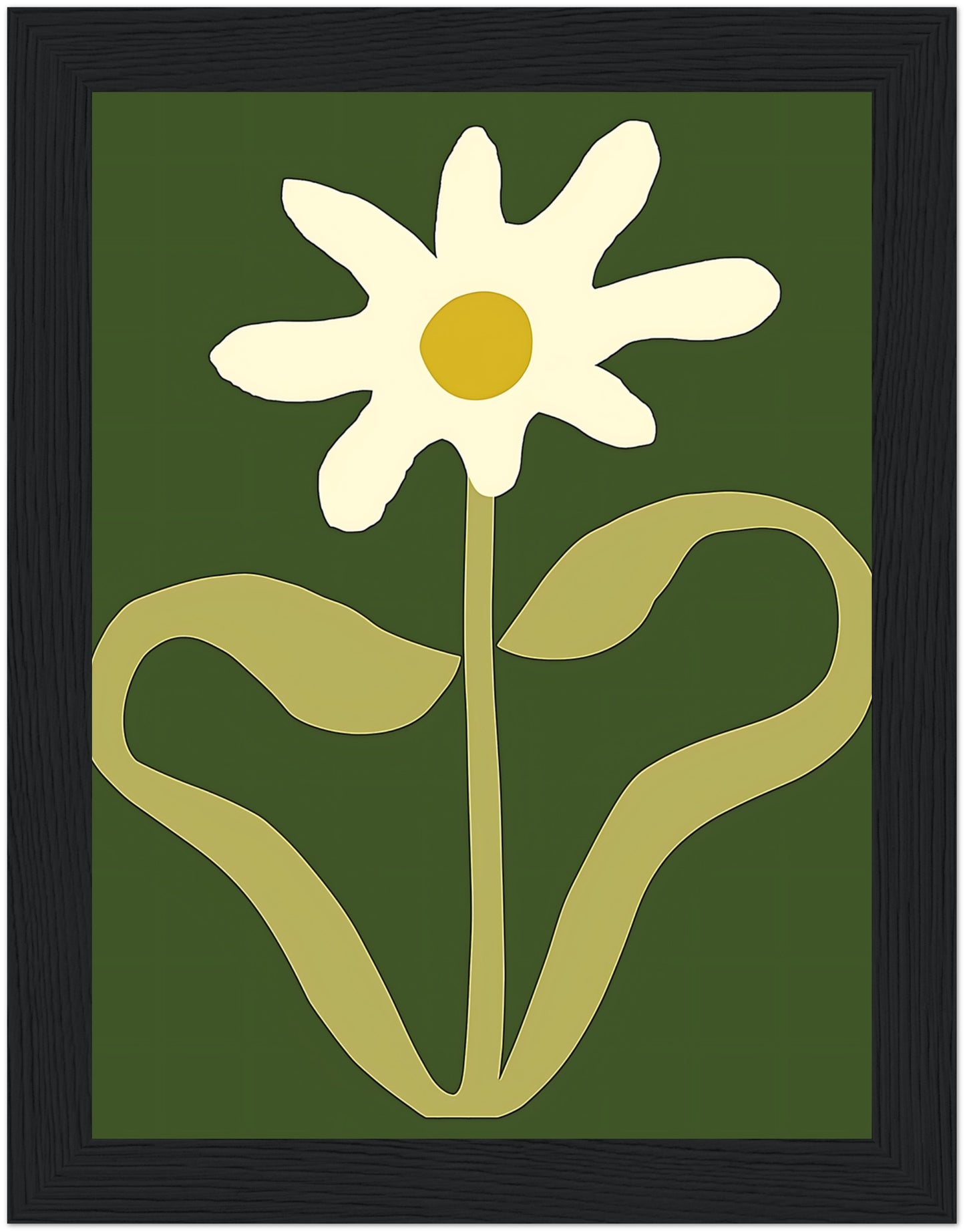 A stylized image of a white flower with a yellow center and green background, framed in brown.