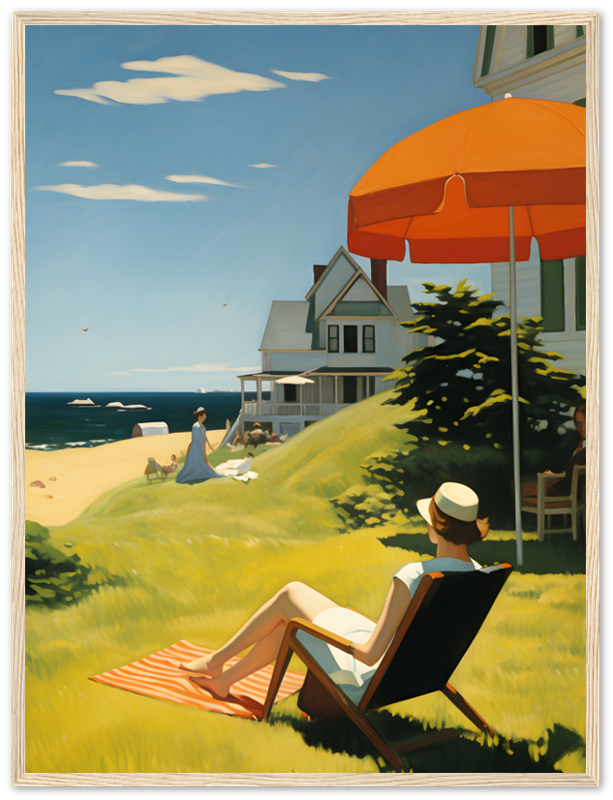 "Painting of a person relaxing on a beach chair near a house with an orange umbrella."