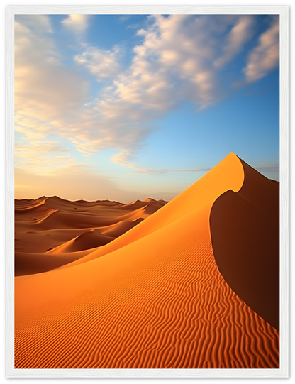 A serene desert landscape at sunset with sand dunes and a vibrant sky.