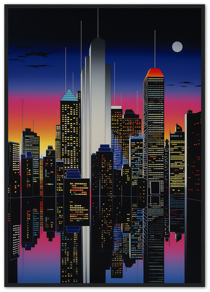 A stylized artwork of a city skyline at dusk with a wooden frame.