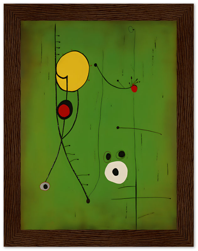 An abstract painting with geometric shapes and lines, resembling a face, in a wooden frame.