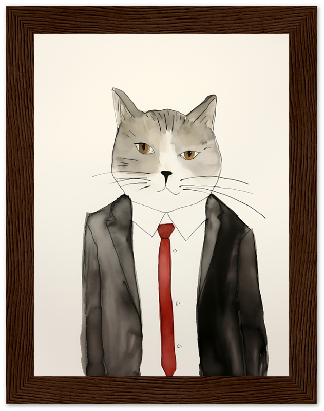 Illustration of a cat with human body in suit and tie, framed on a wall.