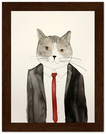 Illustration of a cat with human body in suit and tie, framed on a wall.