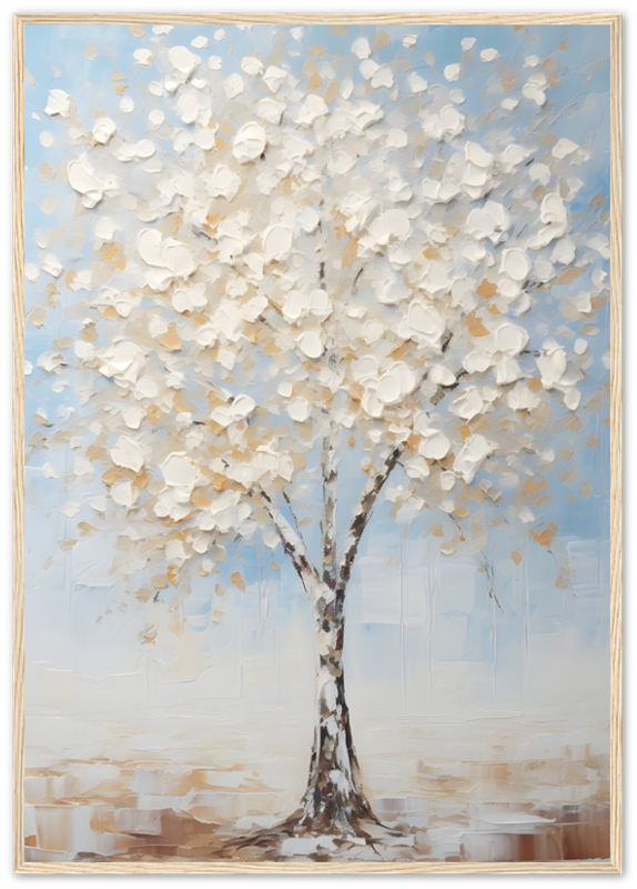 A textured painting of a white and beige tree with blossoms in a white frame.