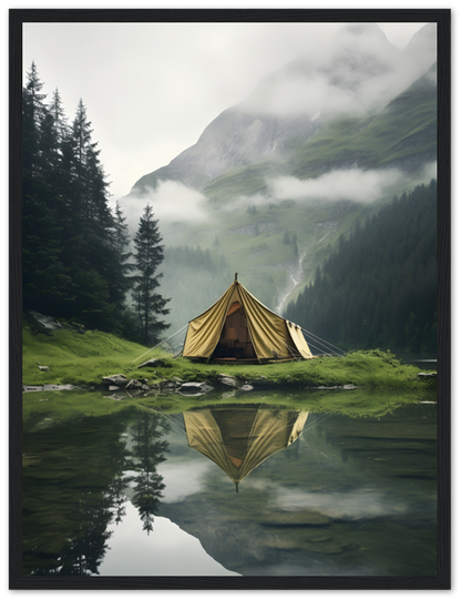 A canvas tent by a tranquil mountain lake with a reflection and misty hills in the background, framed by wood.