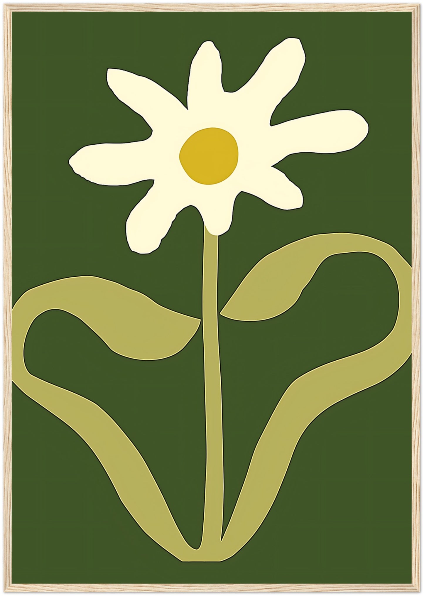 A stylized image of a white flower with a yellow center and green background, framed in brown.