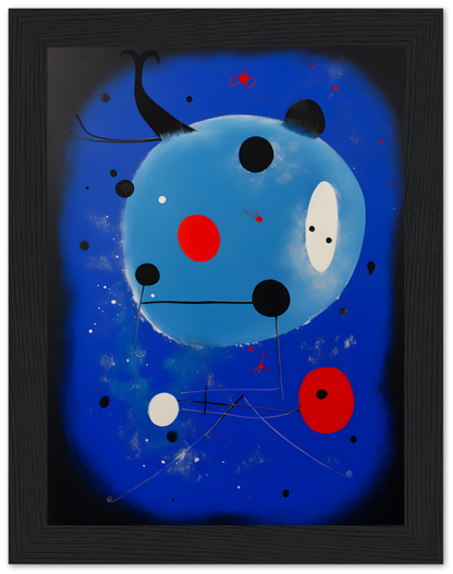 Abstract art depicting a stylized blue face with geometric shapes against a starry background, framed in black.