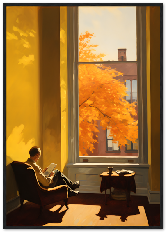 Person reading by a window with a view of autumn trees.