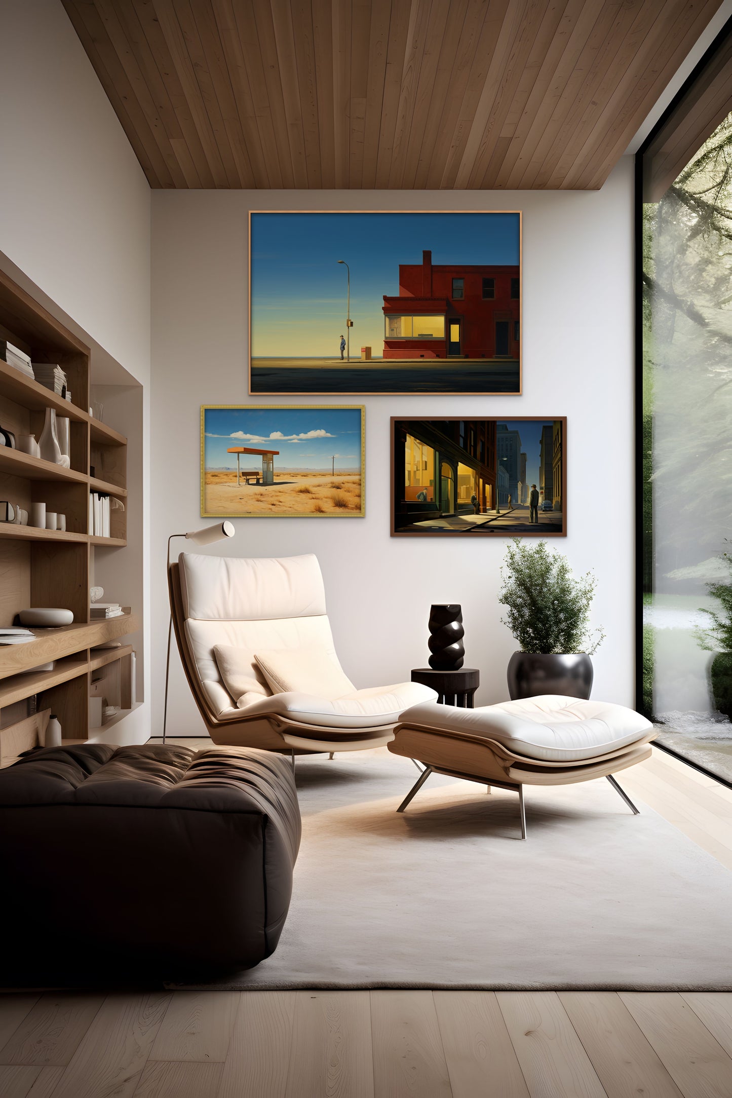 Modern living room interior with armchair, paintings, and large window.