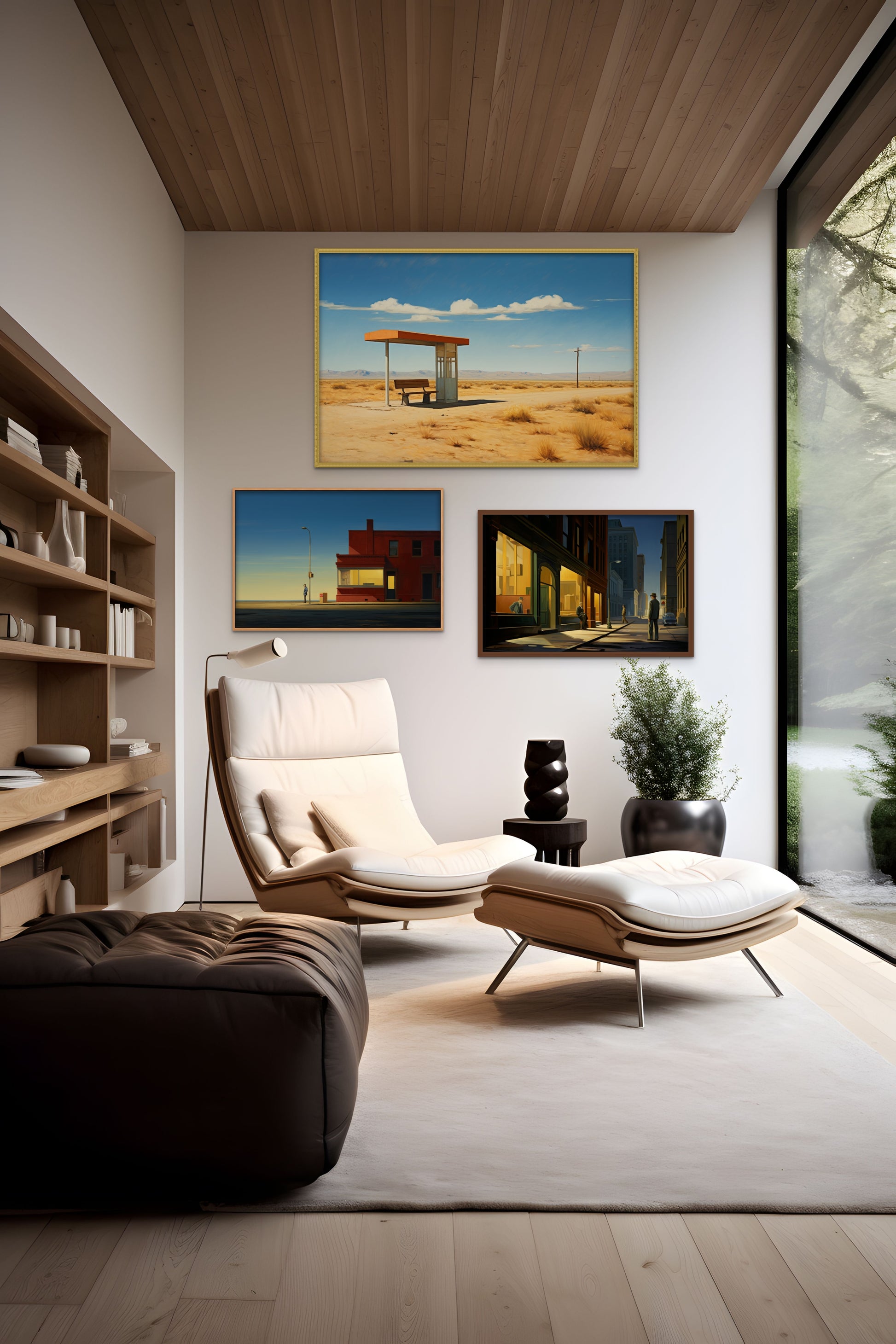 A modern living room with a chair, ottoman, artwork on walls, and a snowy view outside.