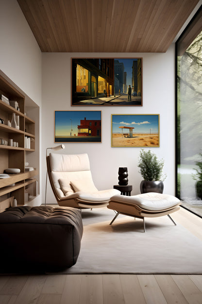 Modern living room with stylish chair, framed art, and large window.