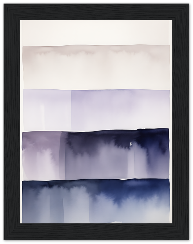 A framed abstract watercolor painting with bands of purple and blue shades.