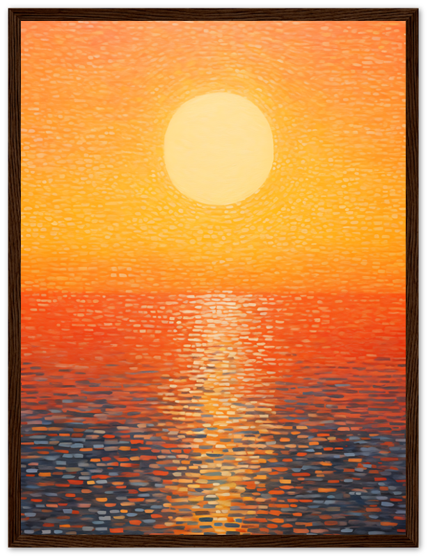 Sunset with vibrant orange hues reflected over water, framed wall art.