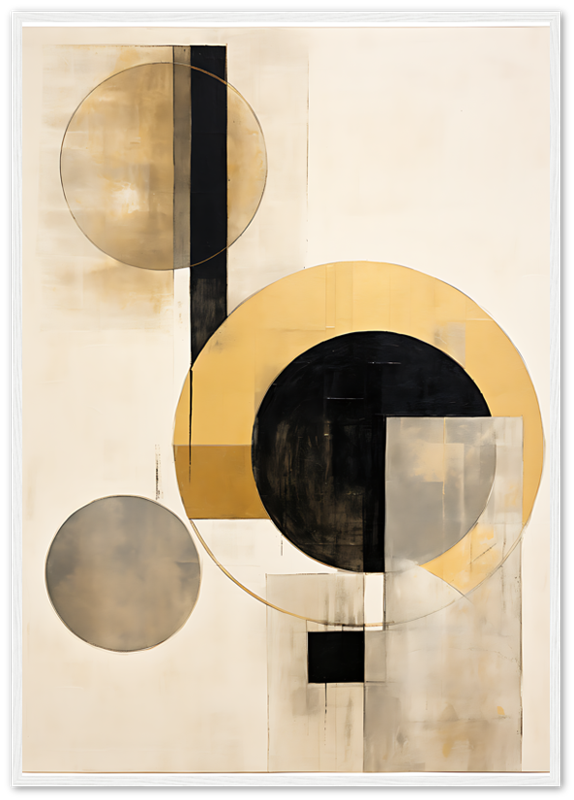 Abstract art with geometric shapes in black, gold, and white tones.