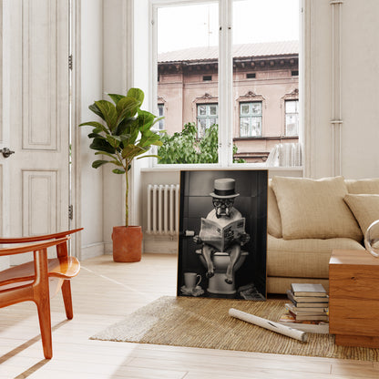 A stylish modern living room with a framed monochrome print of a dapper gentleman reading.