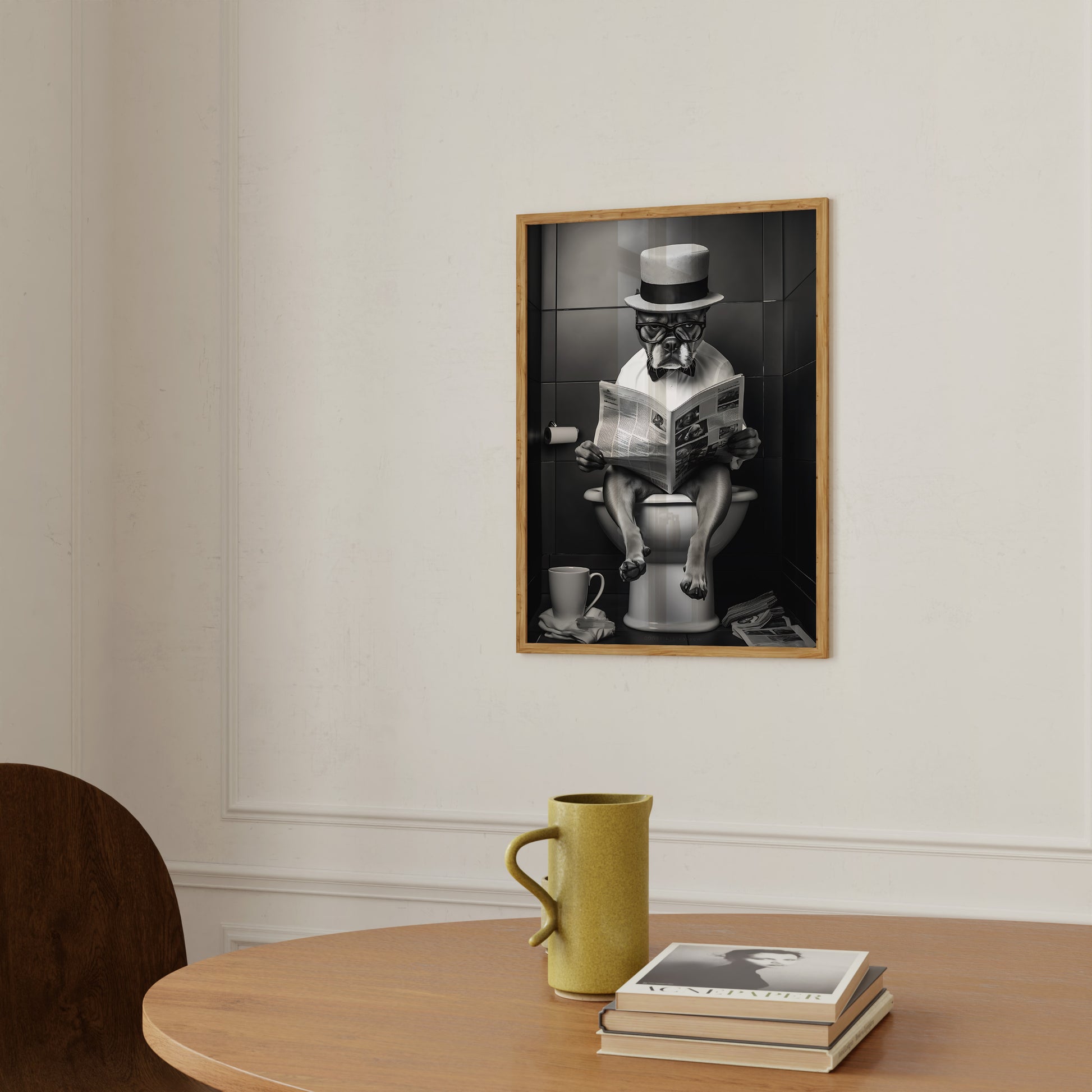 A whimsical painting of a robot reading a newspaper while sitting on a toilet, displayed in a room with a mug and books.