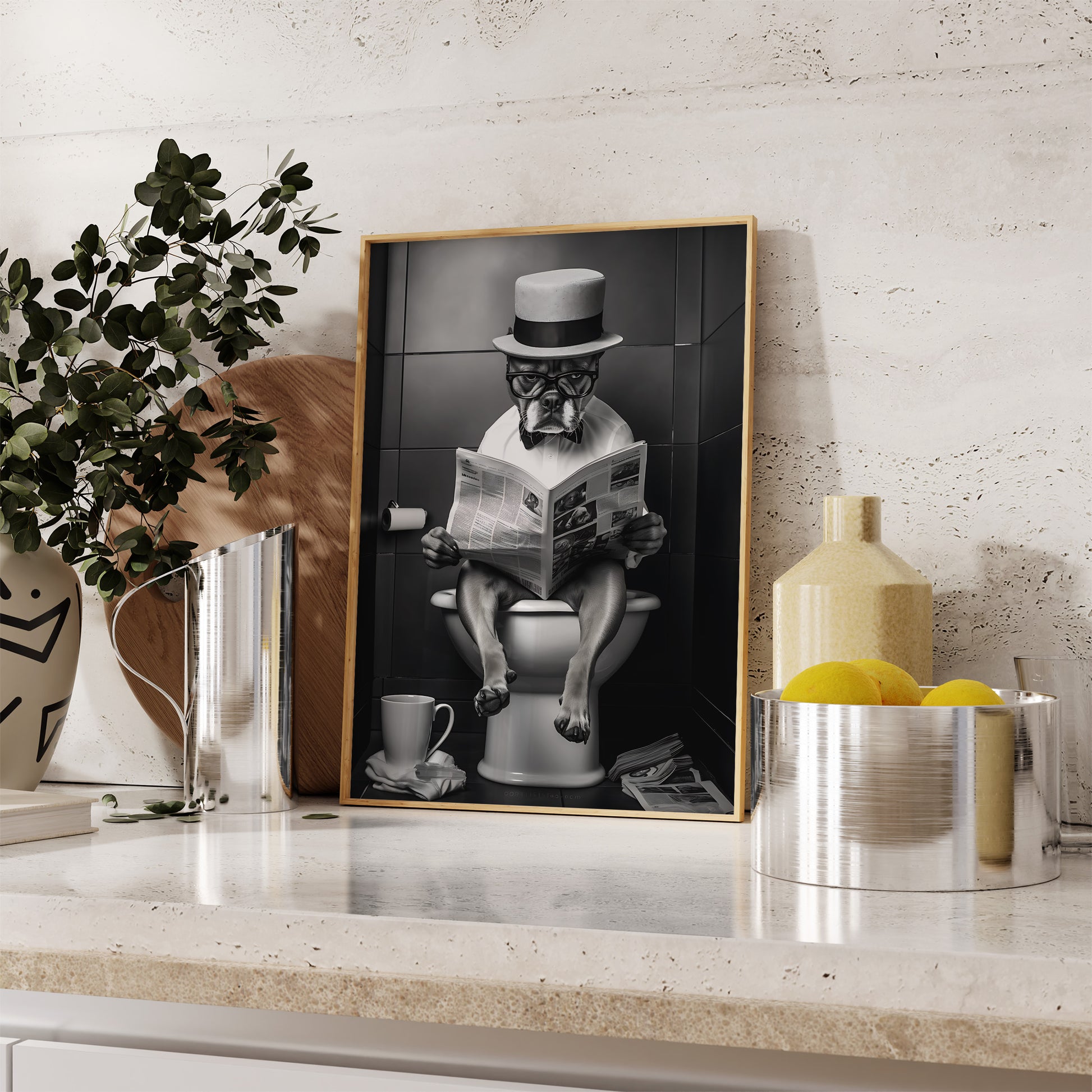 A framed black and white picture of a seated monkey reading a newspaper, displayed on a kitchen counter.