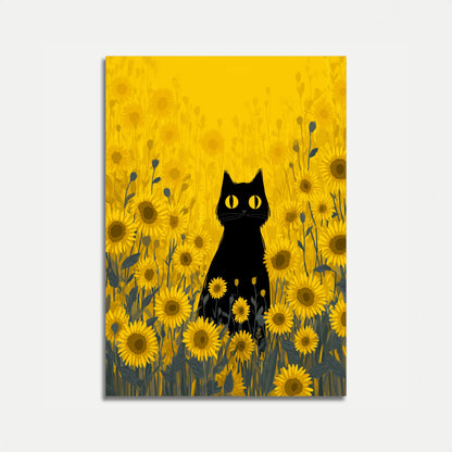 Black Cat in Sunflower Field Poster