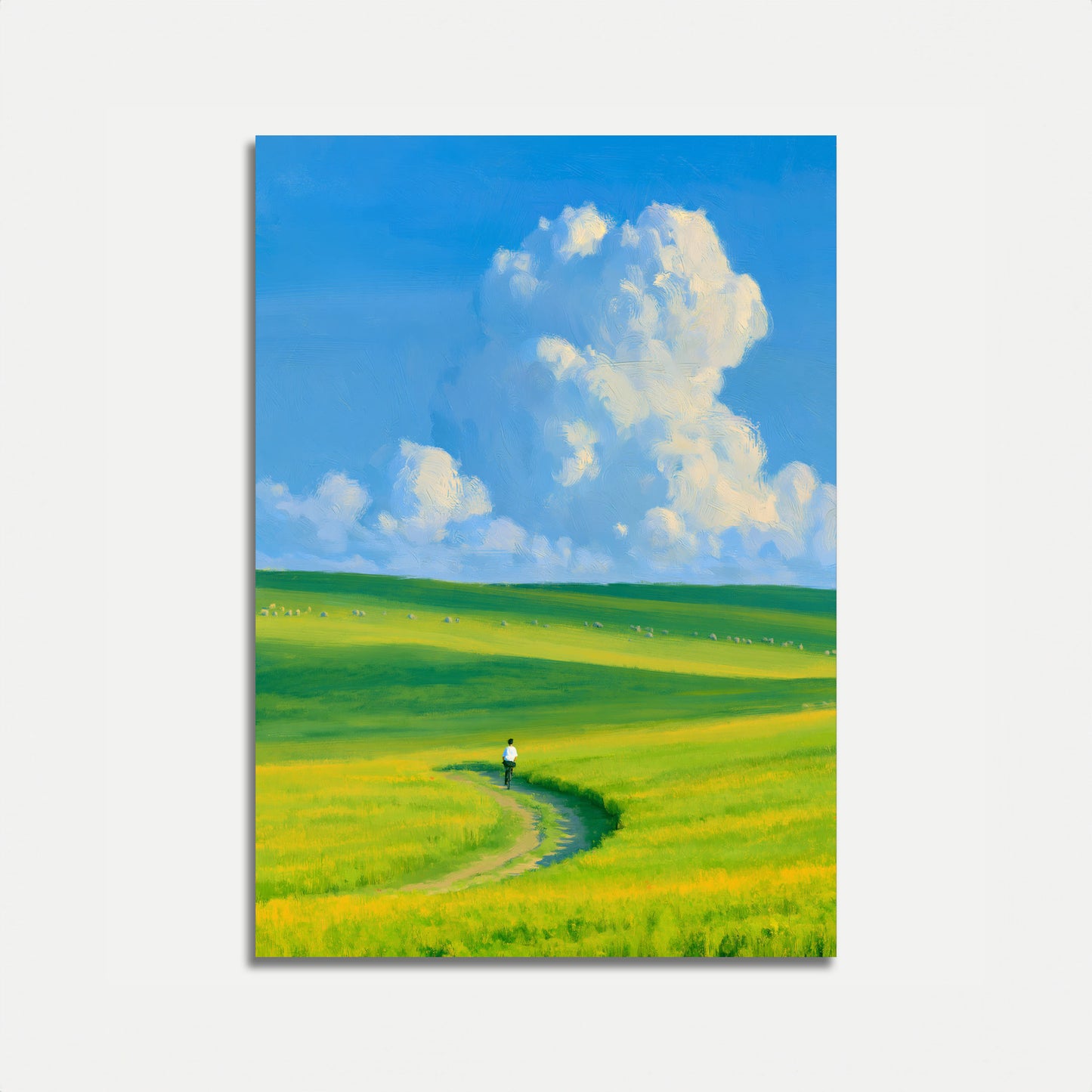 Radfahrer auf goldenem Wiesenposter