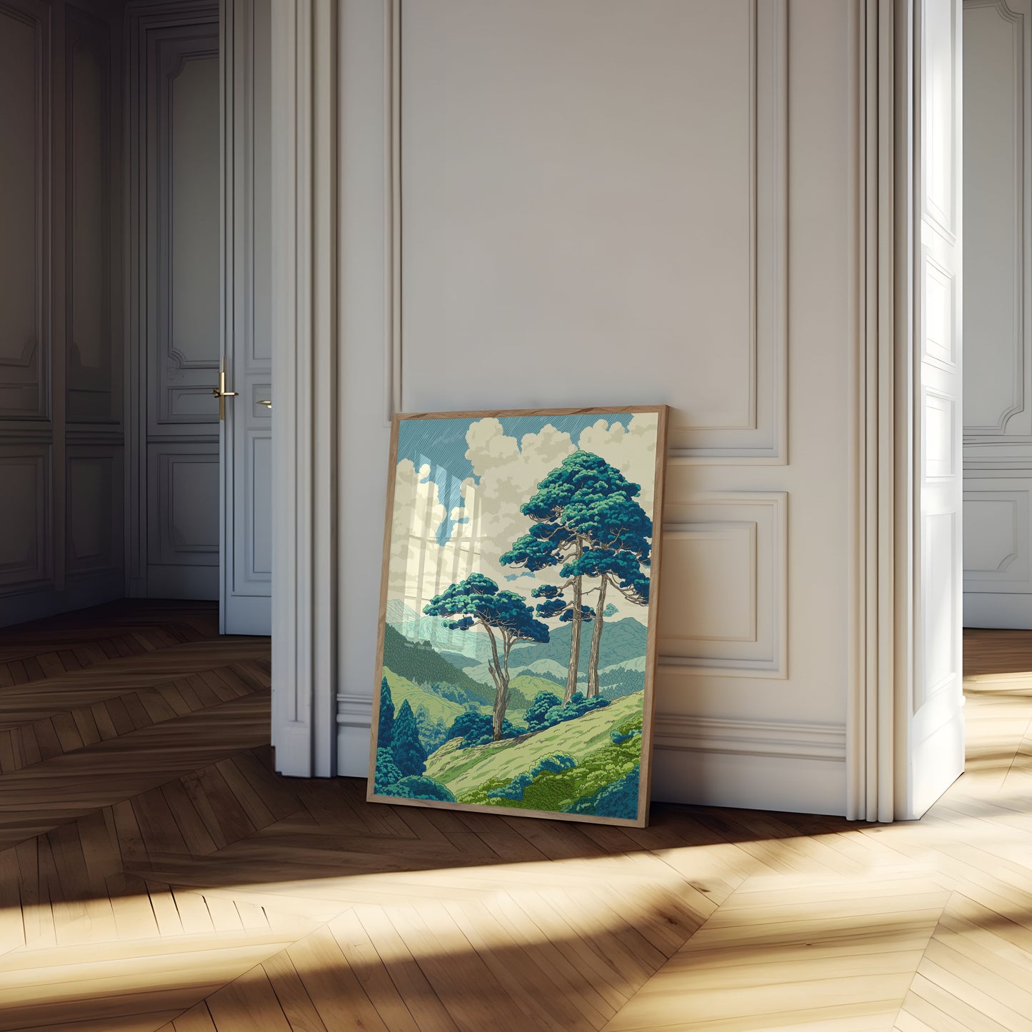 Poster Paesaggio Montano con Maestosi Alberi di Pino