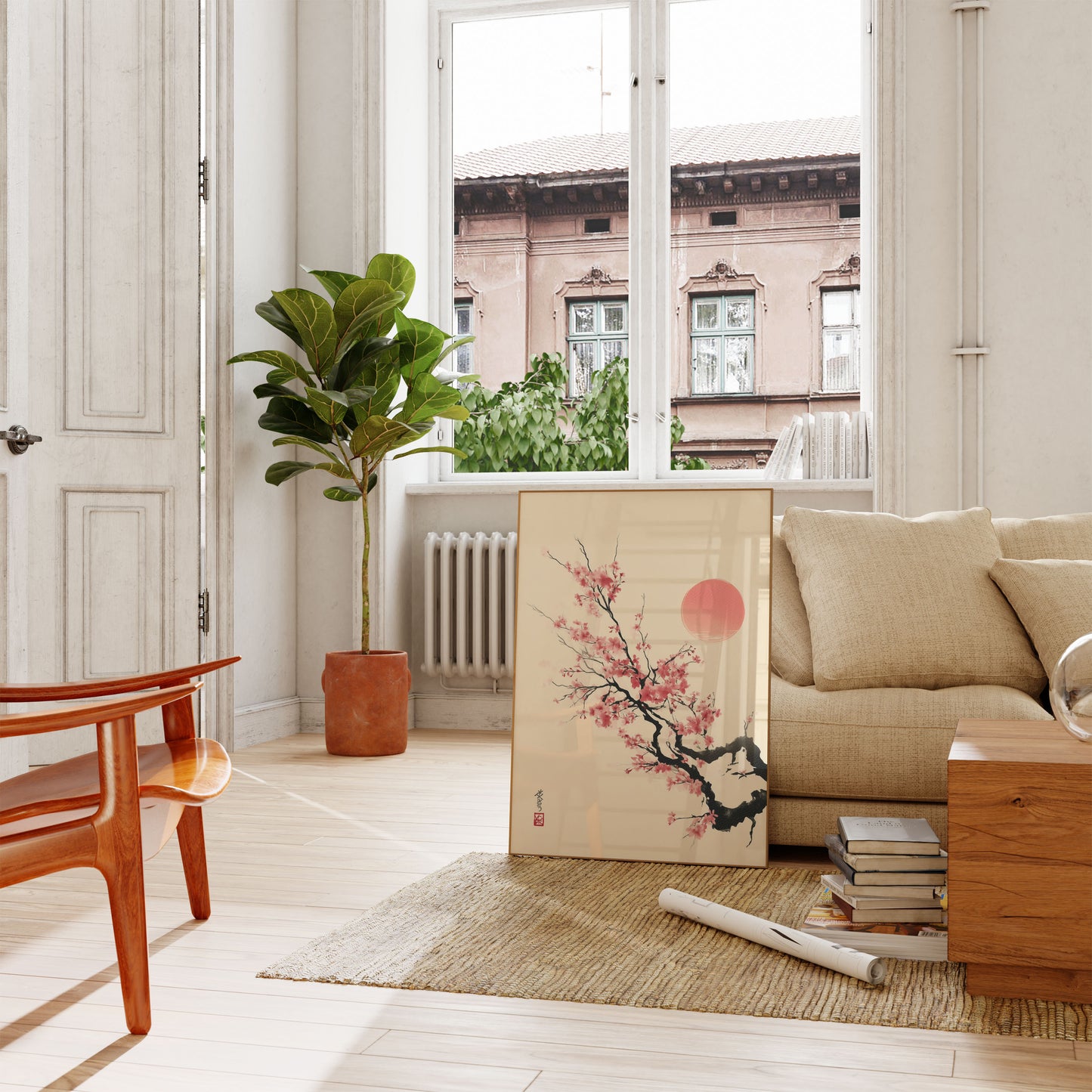 Póster de un sereno atardecer en flor de cerezo