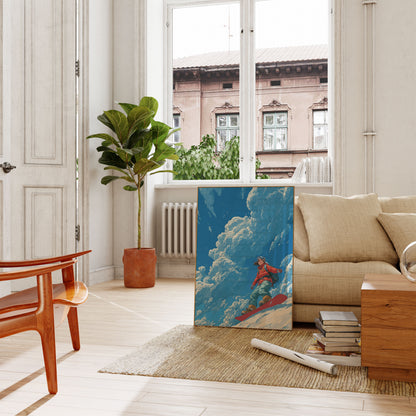 Póster de aventura épica en la montaña con snowboard