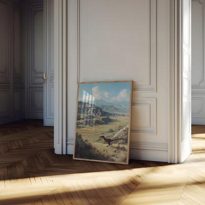 Póster de Velociraptor de paisaje prehistórico