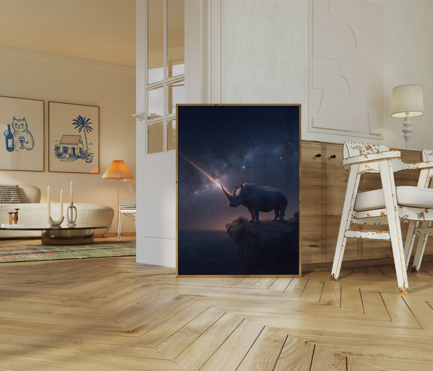 Póster del cielo nocturno del rinoceronte cósmico