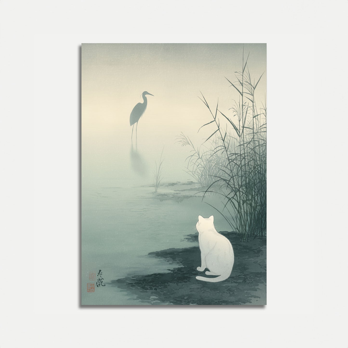 Hvid Kat og Hejre Plakat