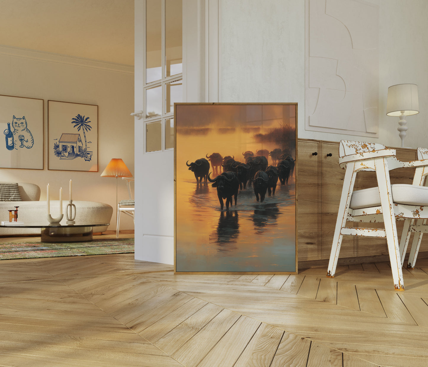 Affiche de Troupeau de Buffles Africains au Coucher du Soleil