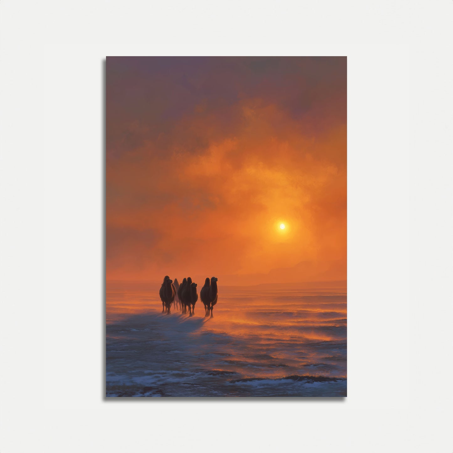Camels in Desert Sunset Poster