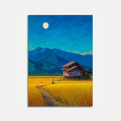 Poster Paesaggio Montano con Casa Colonica al Chiaro di Luna