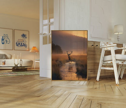 Majestic Deer in Morning Mist Poster