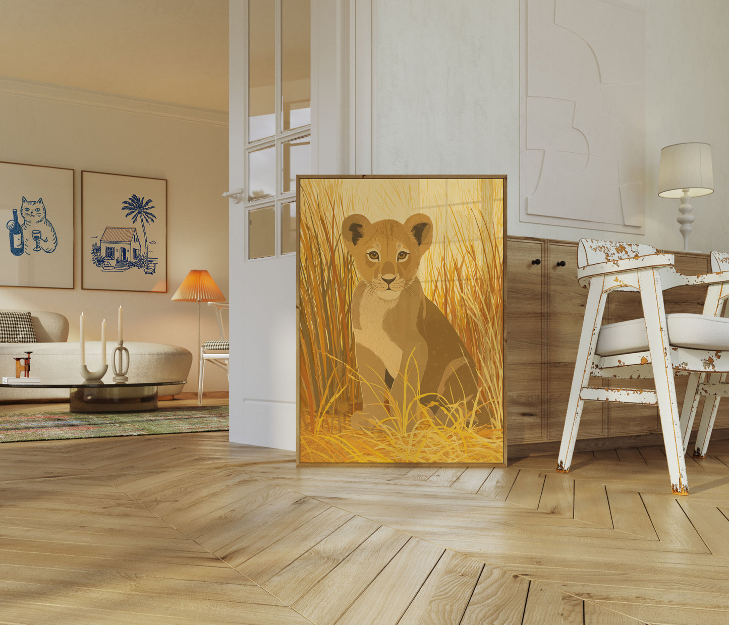 Young Lion in Golden Grassland Poster